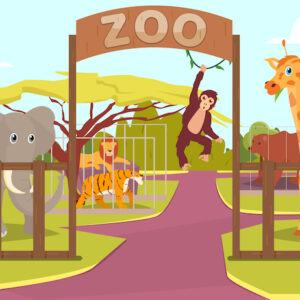 Animals behind fence and zoo sign